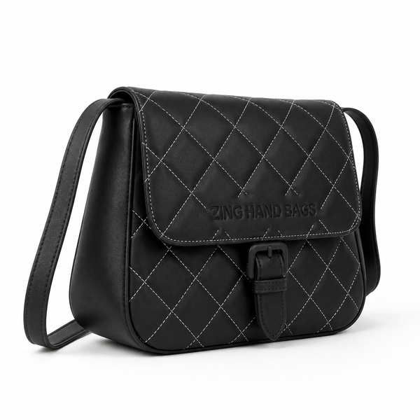 Zing Hand Bags Quilted Black Leather Crossbody Bag