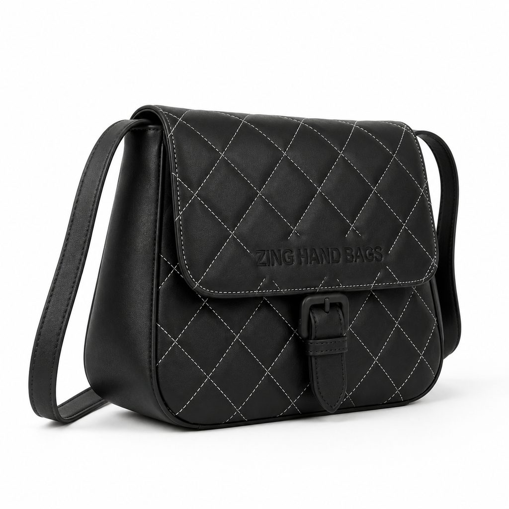 Zing Hand Bags Quilted Black Leather Crossbody Bag
