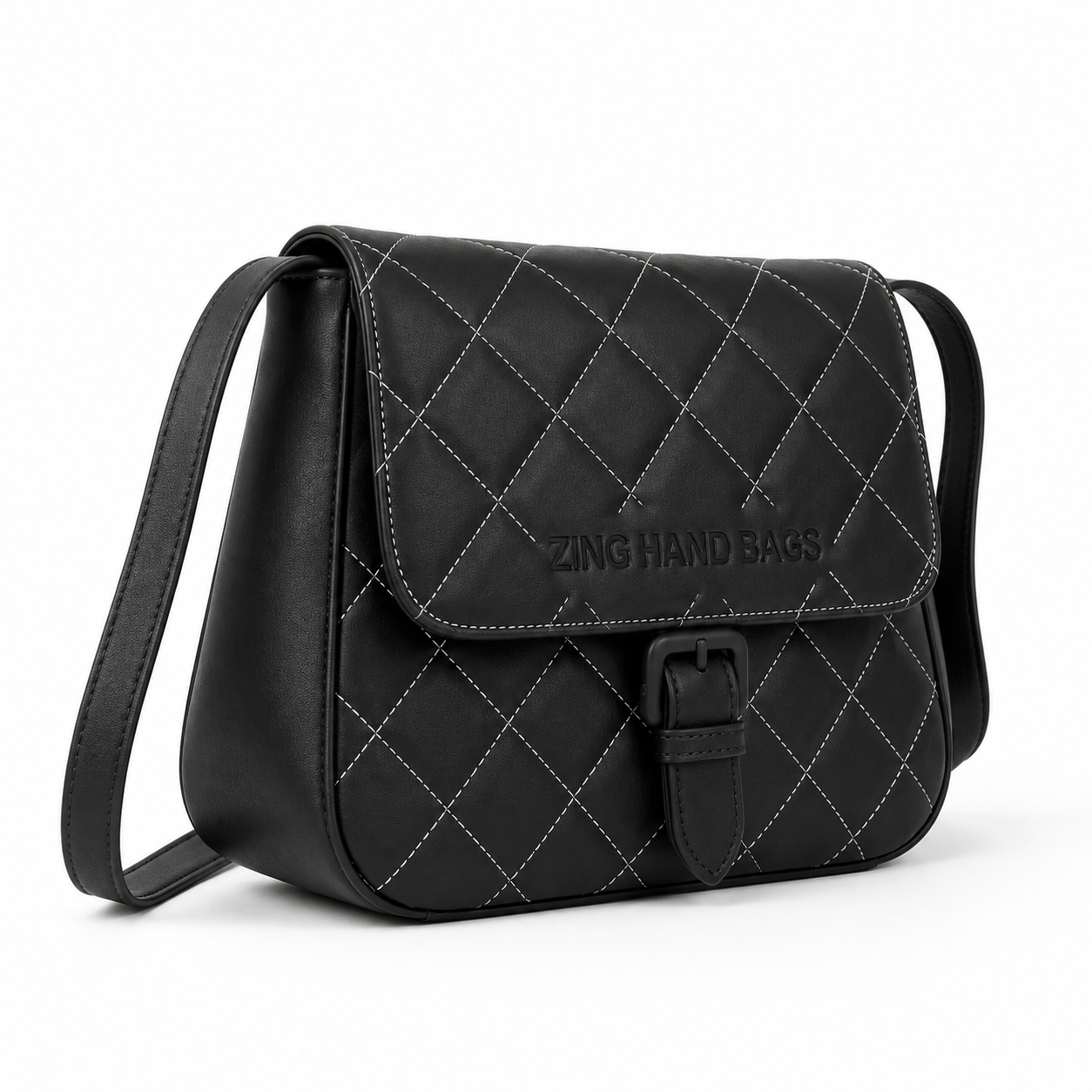 Zing Hand Bags Quilted Black Leather Crossbody Bag