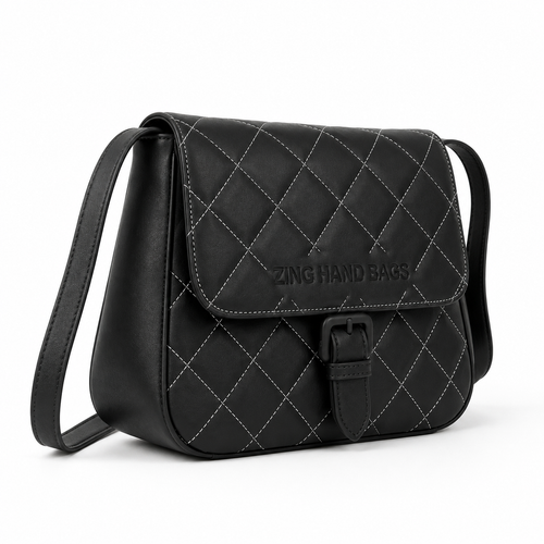 Zing Hand Bags Quilted Black Leather Crossbody Bag
