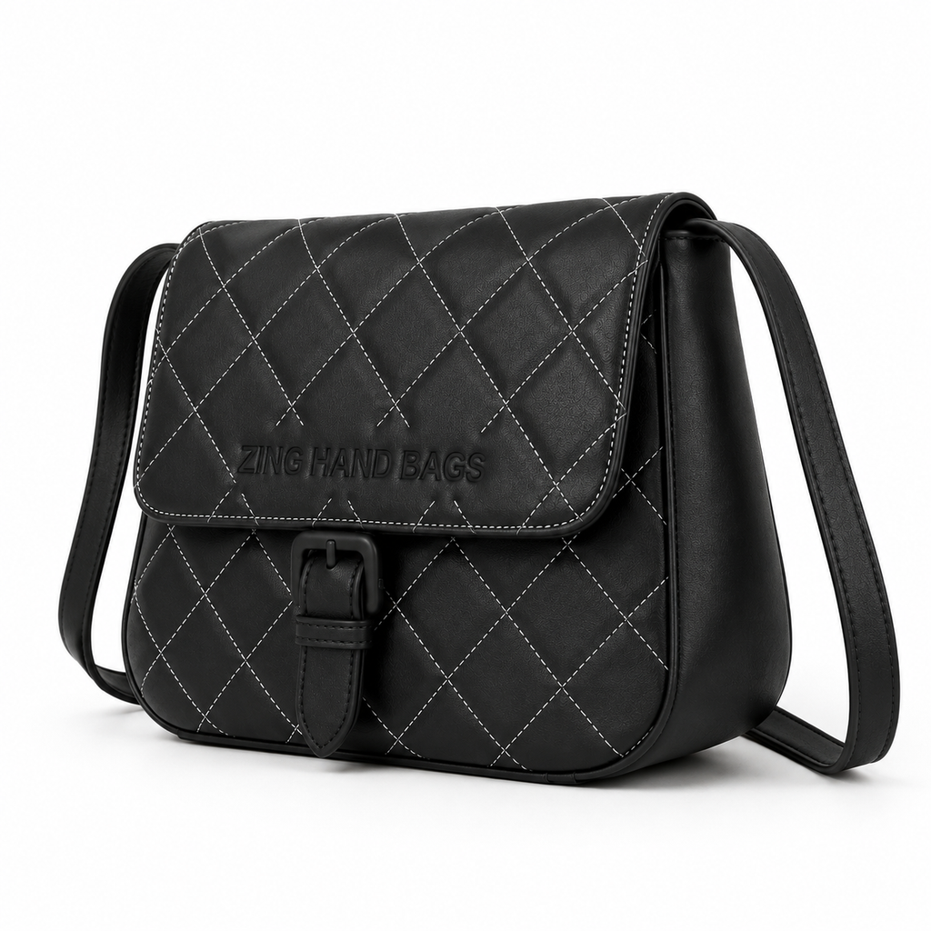 Zing Hand Bags Quilted Black Leather Crossbody Bag