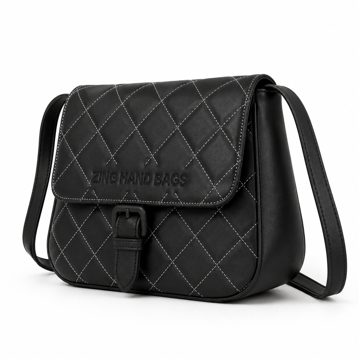 Zing Hand Bags Quilted Black Leather Crossbody Bag